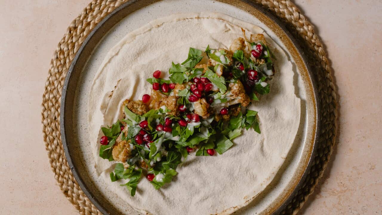 Crispy cauliflower wraps with pomegranate and tahini