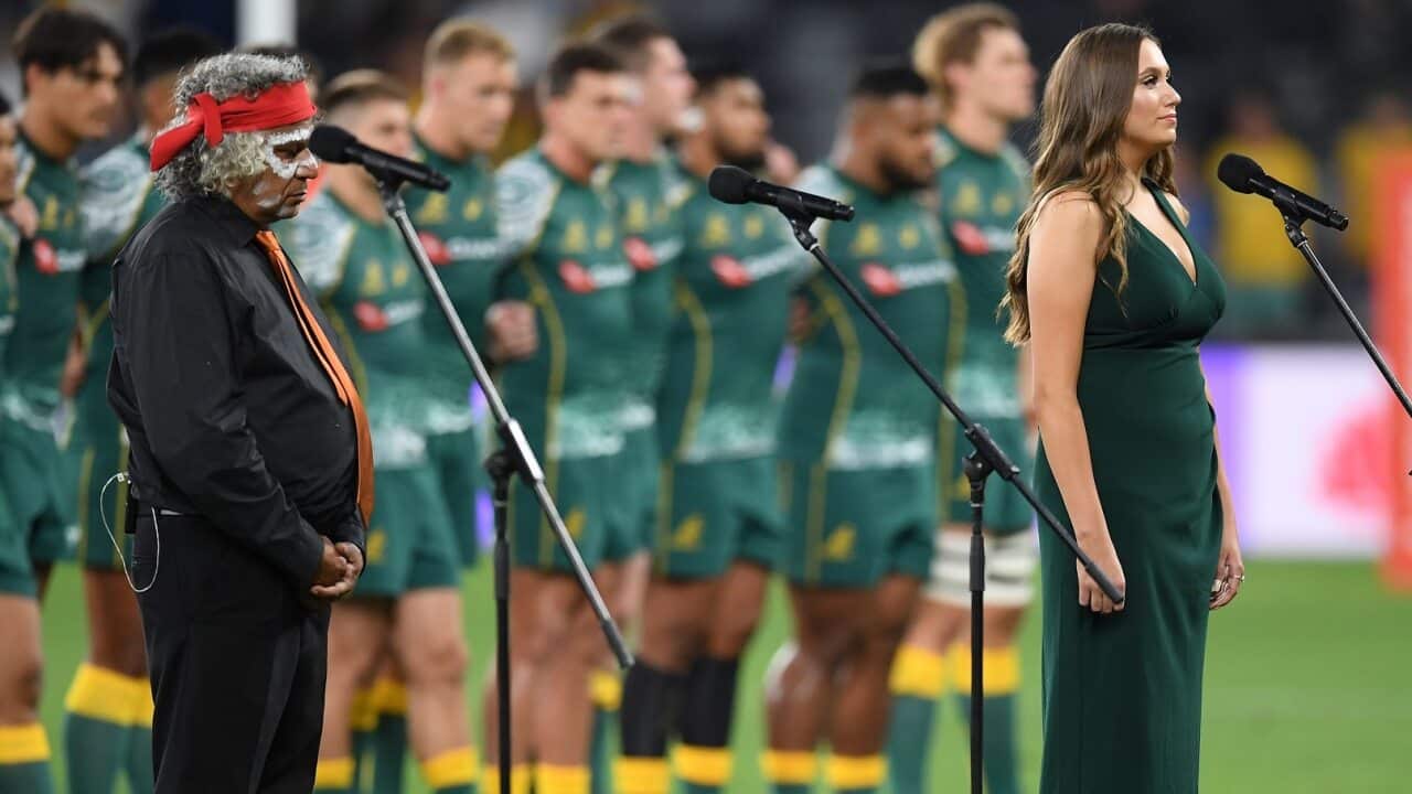 Wiradjuri woman Olivia Fox sings Australia's national anthem in the Eora language during the Tri Nations rugby match between the Pumas and Wallabies.
