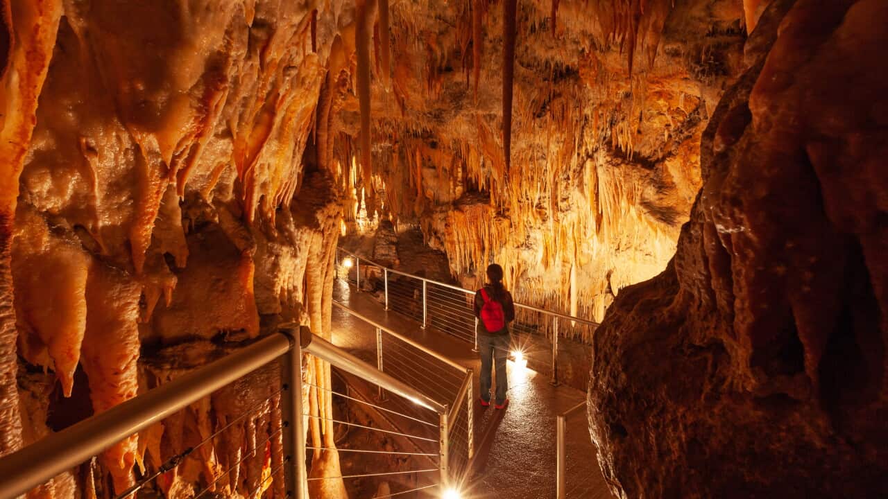 Tourist admiring the stalactites in limestone cave in Australia