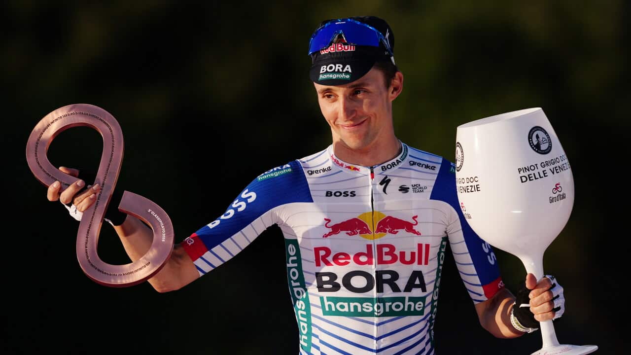 Italia: Australia’s Jai Hindley of Red Bull - Bora - Hansgrohe (3rd Place) on the Podium During...