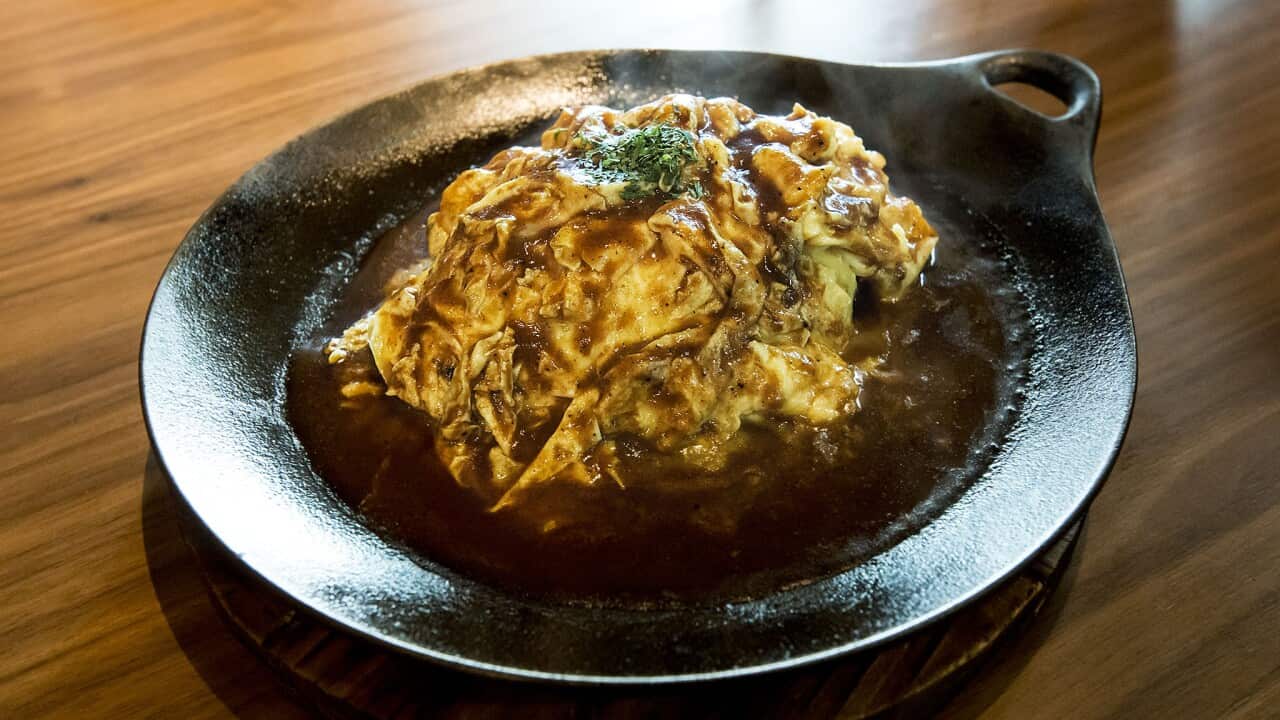 Close-Up Of Omurice In Cooking Pan On Table