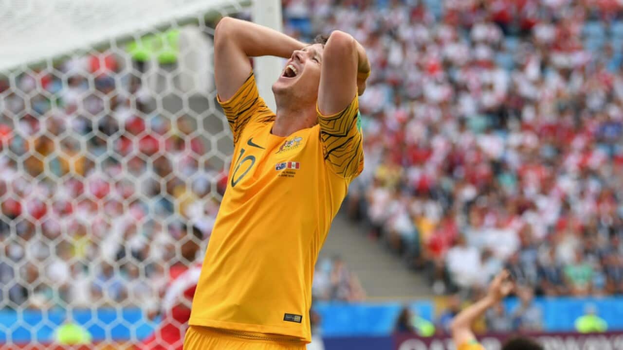 Robbie Kruse reacts after a chance goes begging during the 2018 FIFA World Cup Russia group C match between Australia and Peru.
