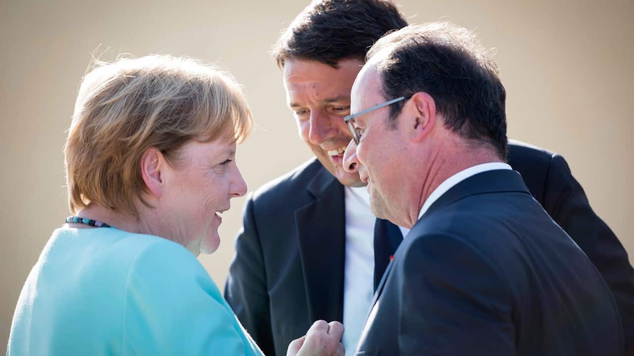 Italian Prime Minister Matteo Renzi (C) French President Francois Hollande (R) and German Chancellor Angela Merkel
