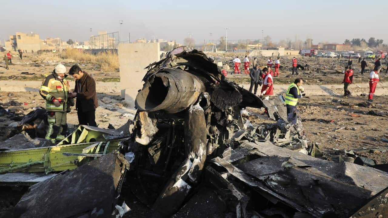 Debris at the scene where a Ukrainian plane crashed in Shahedshahr southwest of the capital Tehran, Iran