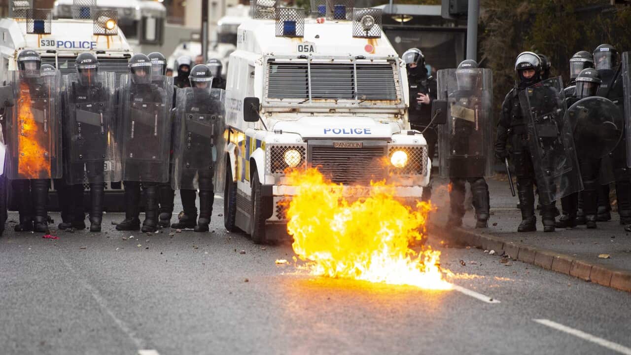 Northern Ireland Police in west Belfast, 08 April 2021.