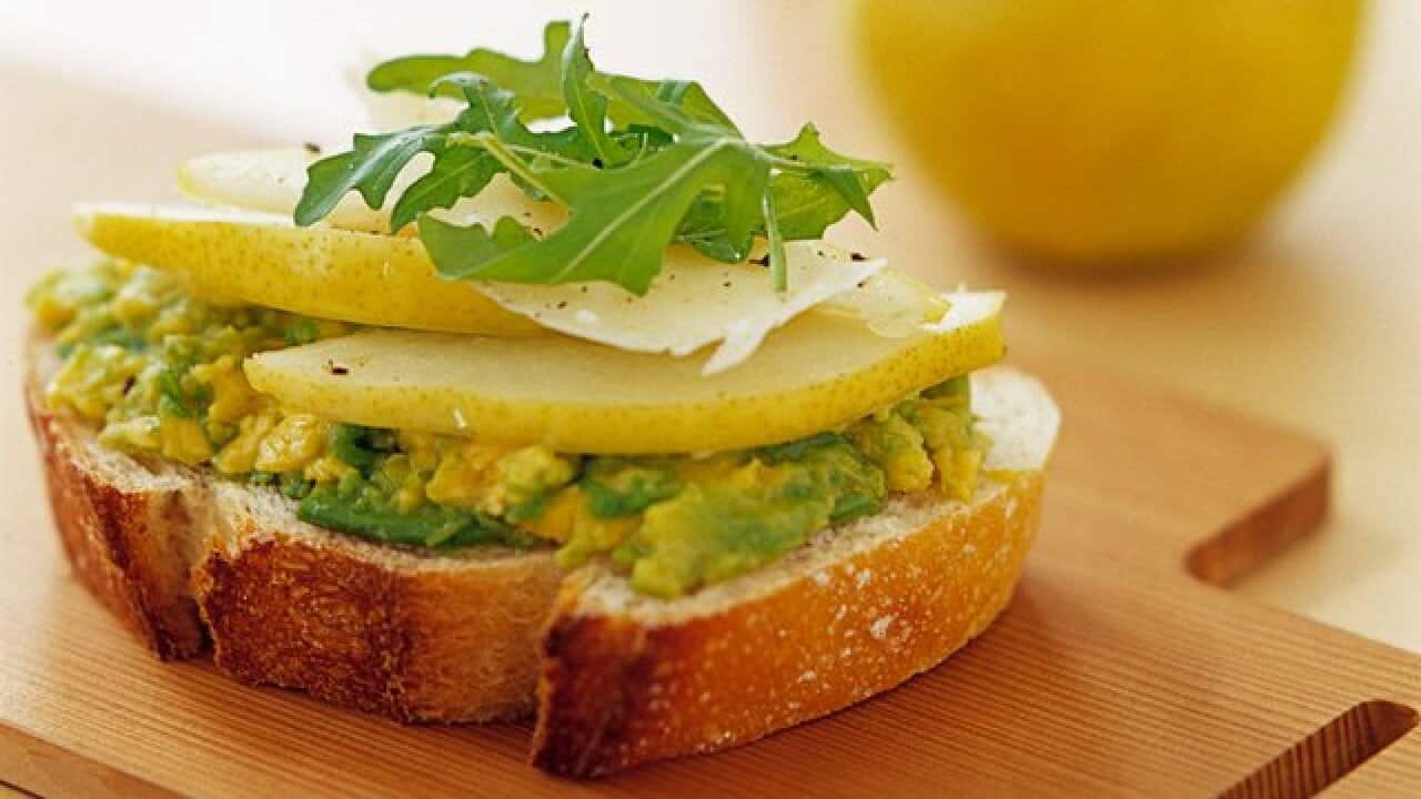 A supplied image obtained Monday, March 25, 2013 of a pear-avocado-rocket sandwich. 85 to 95 per cent of all pears in Australia are grown in Shepparton. (AAP Image/Supplied by Impact Communications) NO ARCHIVING, EDITORIAL USE ONLY