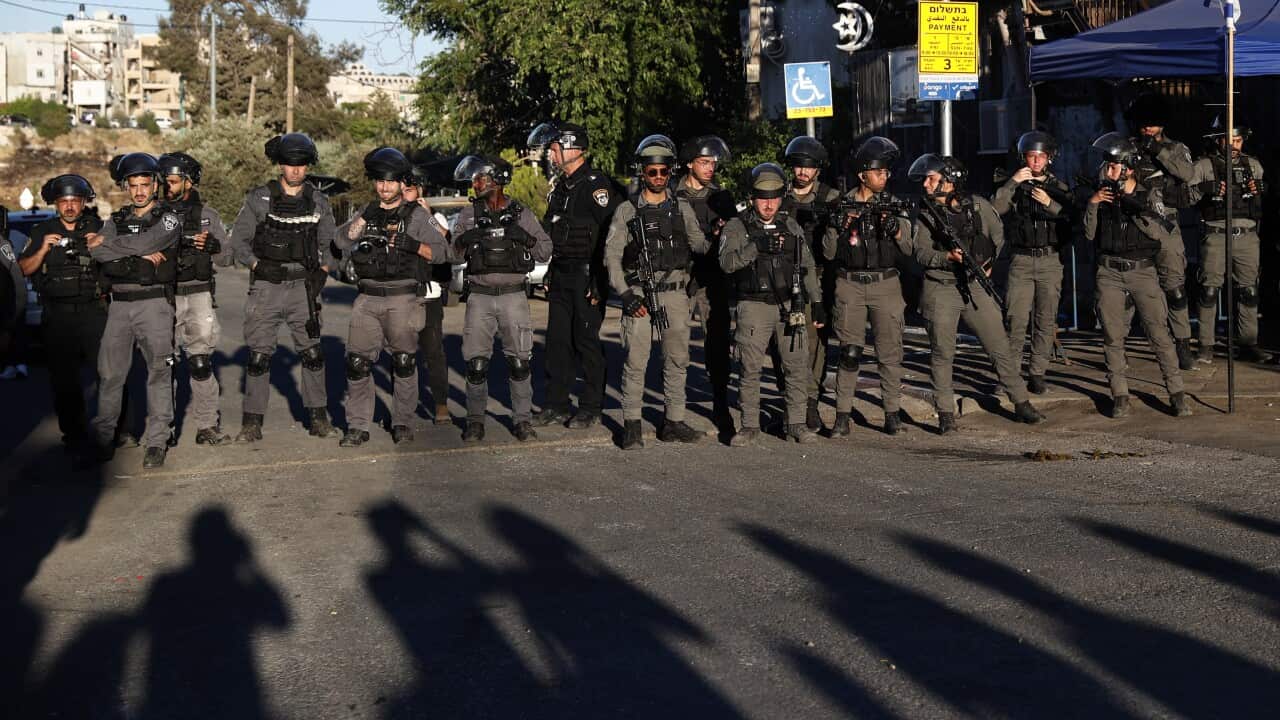 Israeli border police guard settlers houses during a Palestinian protest in Sheikh Jarrah.