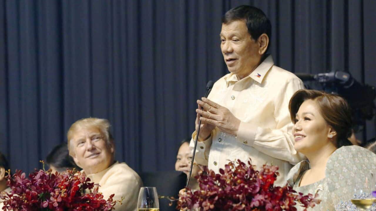 Philippine President Rodrigo Duterte sings a song at a dinner reception related to a series of summits of ASEAN.