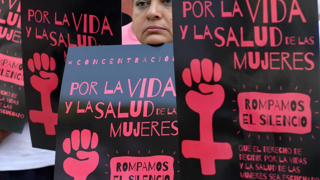 Salvadoran women take part in a demonstration to demand the decriminalisation of abortion, outside the Legislative Assembly in San Salvador.
