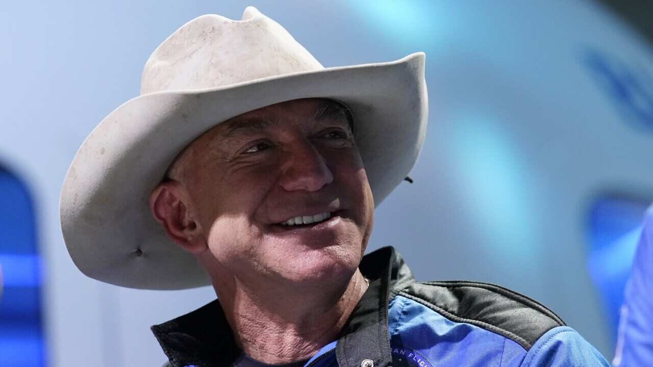 Jeff Bezos participates in post launch briefing from its spaceport near Van Horn, Texas, Tuesday, July 20, 2021.