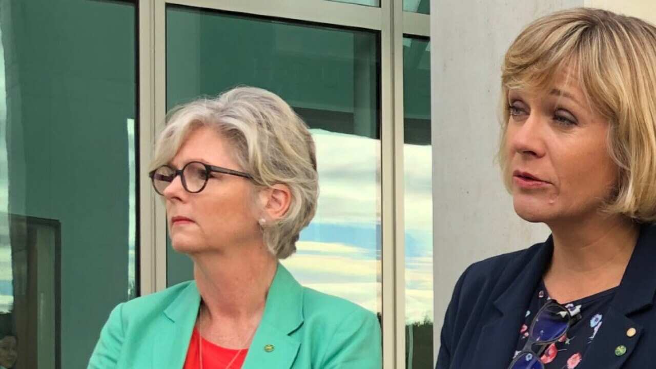 Crossbench MPs Helen Haines, Zali Steggall and Rebekha Sharkie speak during a press conference to call for an independent inquiry into the Brittany Higgins case, Canberra, Wednesday, February 17, 2021.