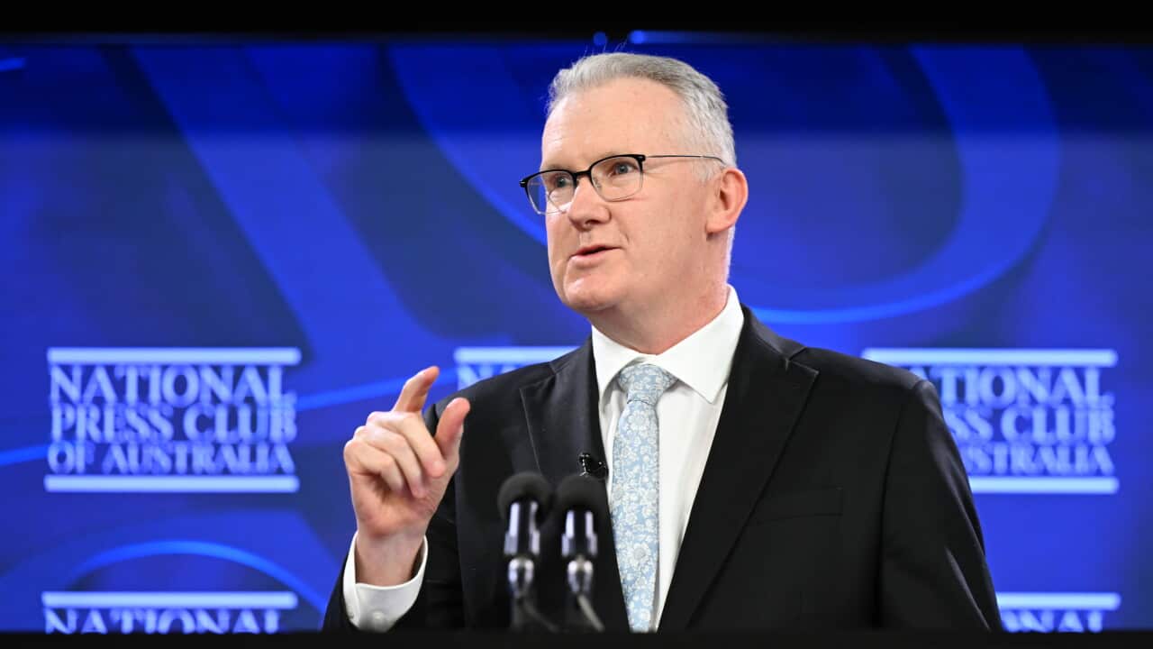 Home Affairs Minister Tony Burke addresses the National Press Club of Australia from a lectern.