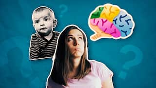 A woman and a baby look confused next to a colourful cartoon brain