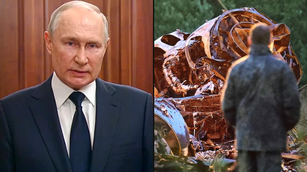 A split image. On the left is Russian President Vladimir Putin. On the right is a security officer looking at a piece of debris at the site of a plane crash.