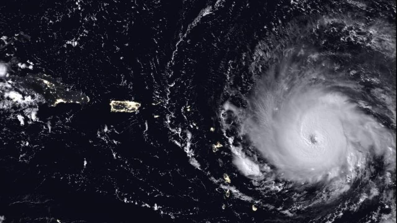 A satellite image of Hurricane Irma in the Caribbean