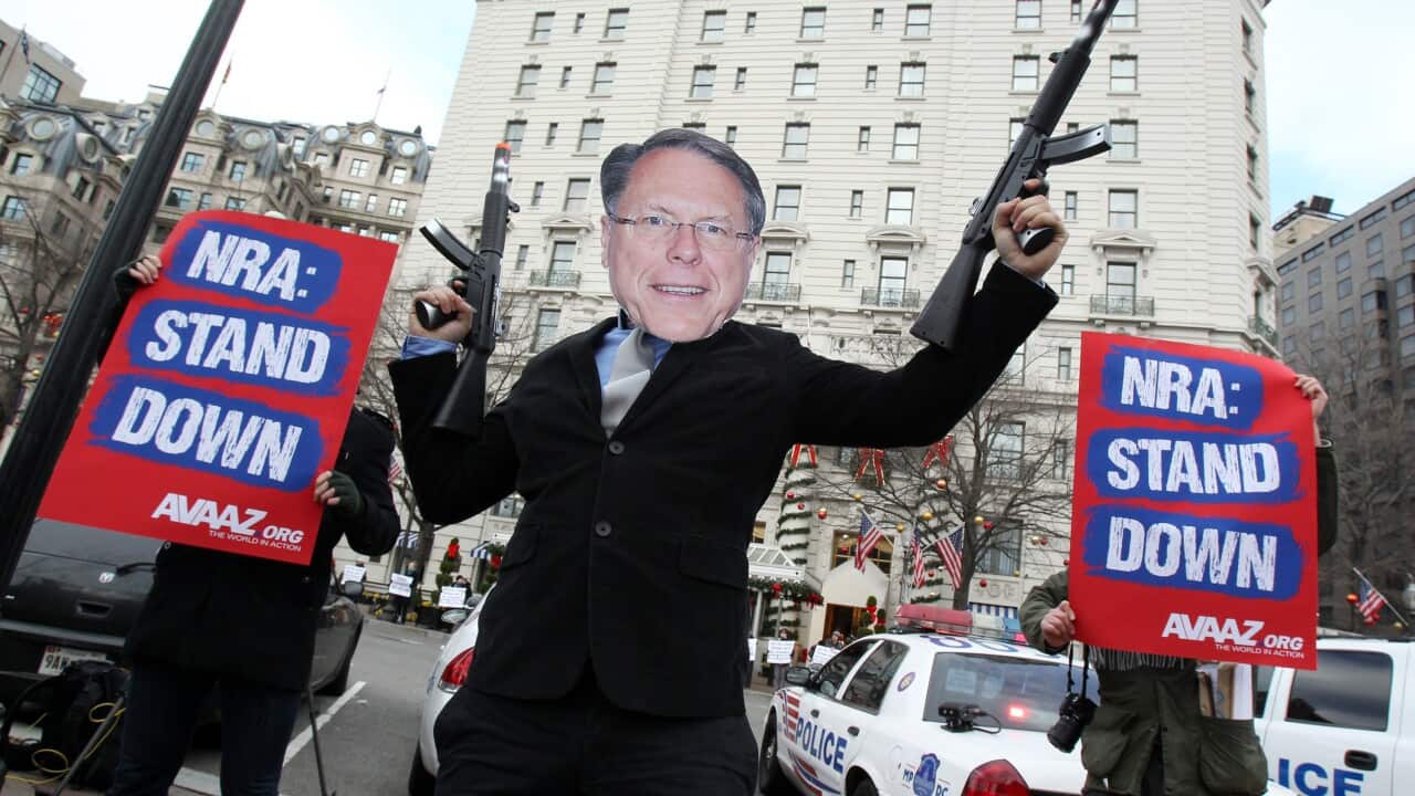 Members of the activist group Avaaz protest NRA press conference