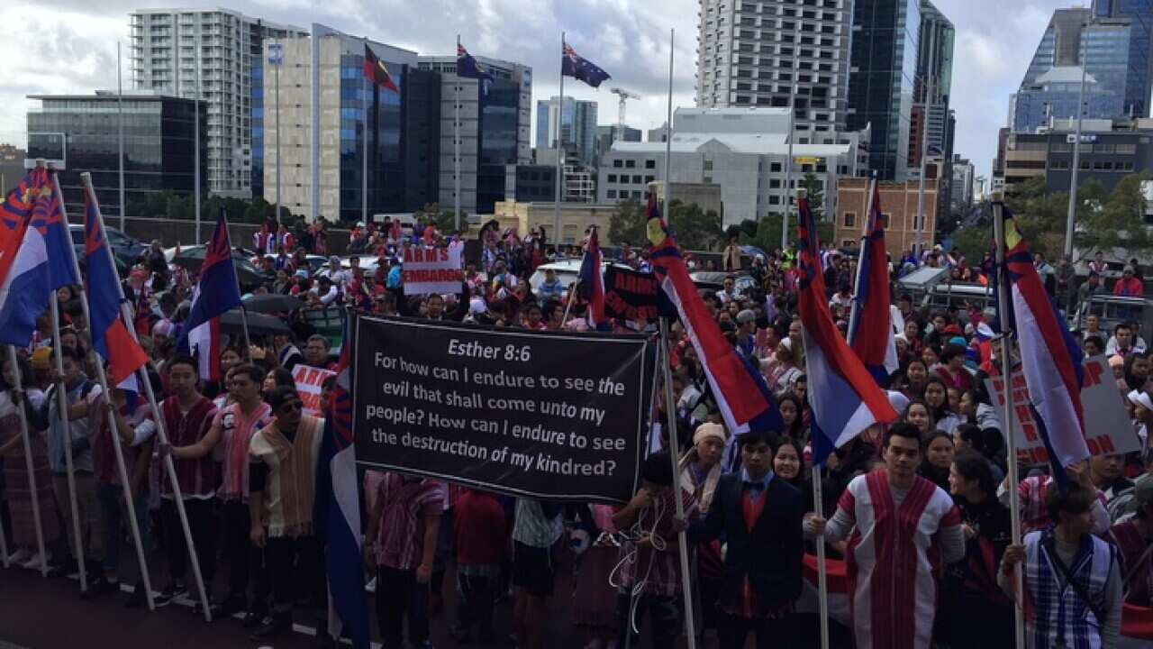 Ethnic groups from Myanmar protesting in Perth