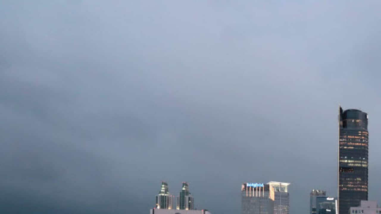 The central business district skyline is seen during the dusk in Jakarta, Indonesia, Monday, April 29, 2019 (AAP)