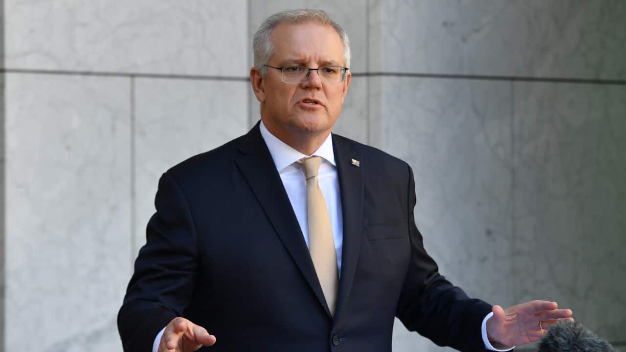 Prime Minister Scott Morrison during a press conference before a national cabinet meeting, at Parliament House in Canberra.