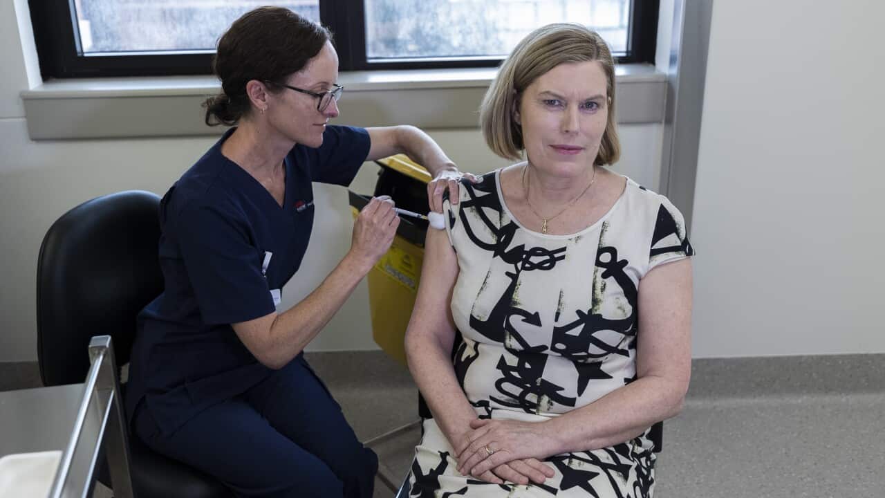 NSW Chief Health Officer Kerry Chant receives the AstraZeneca vaccine at St George Hospital in Kogarah, Sydney on Wednesday, March 10, 2021. (AAP Image/Brook Mitchell) NO ARCHIVING