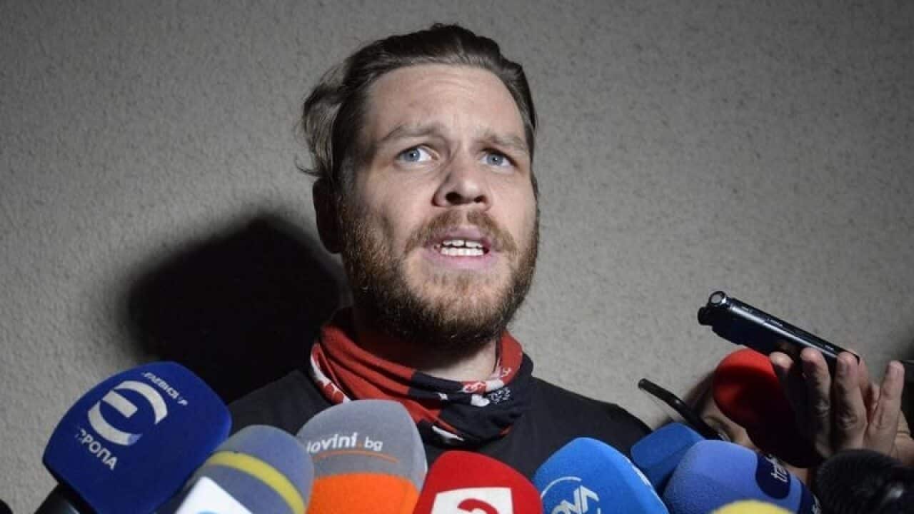 Jock Palfreeman is pictured speaking to journalists in Busmantsi, Bulgaria in October 2019.