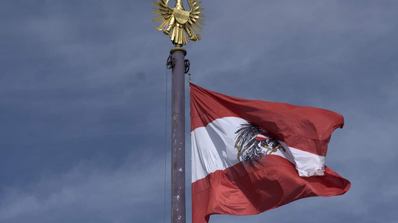 This photo taken on April 22, 2015 shows Austrian flag waving on the rooftop of Austria's Parliament in Vienna.