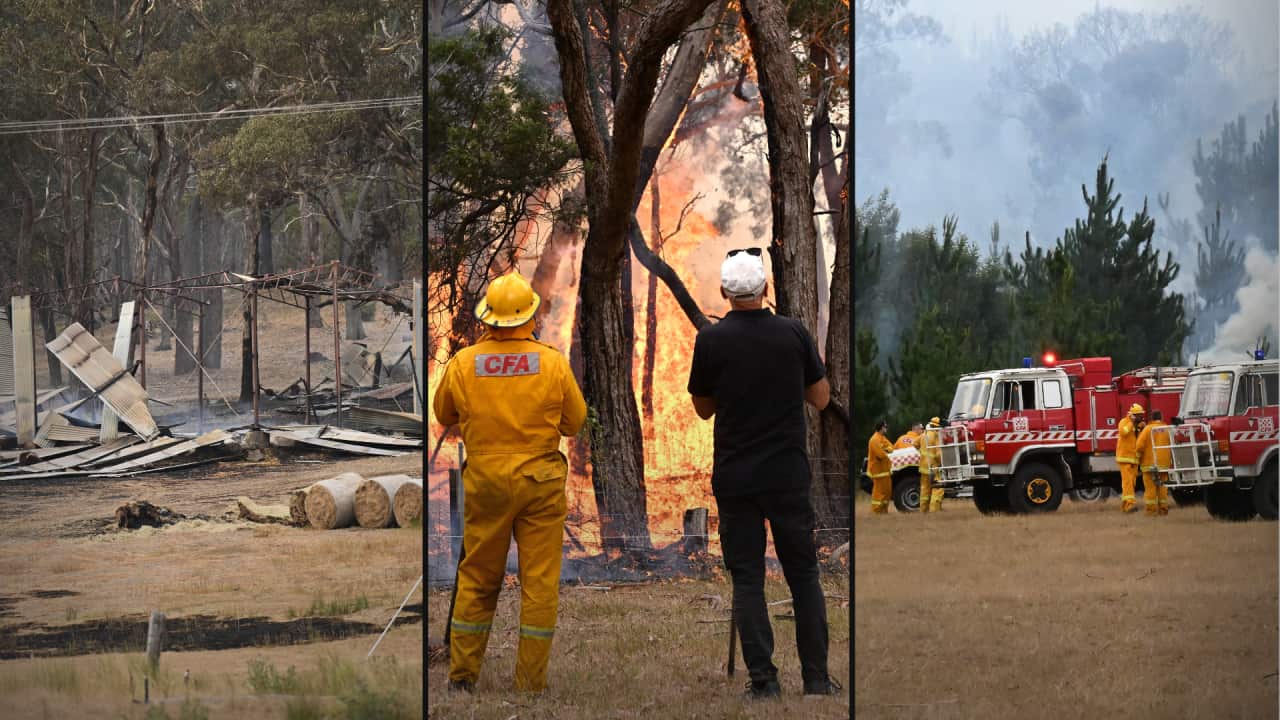A split image. On the left is a destroyed shed. In the middle is a man and a firefighter watching on as a fire burns. On the right are firefighters standing next to trucks.