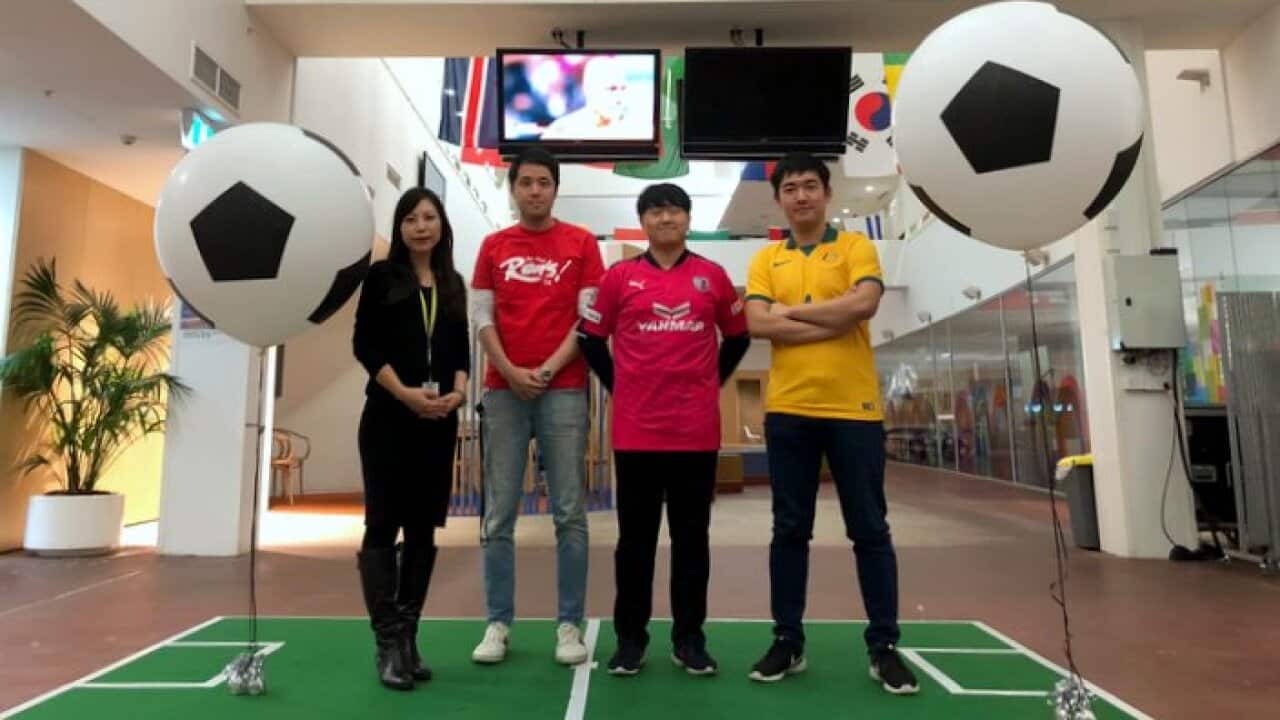 SBS Korean program's 2018 FIFA World Cup panel in Sydney, SBS producer Leah Na, Jeremy Eom, Bryant Yoon and Jun Lee(Left to right)
