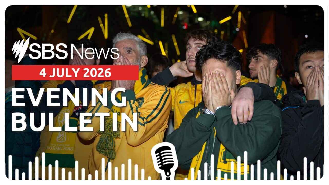 Socceroo fans in green and gold colours watch the World Cup game between Australia and Egypt.