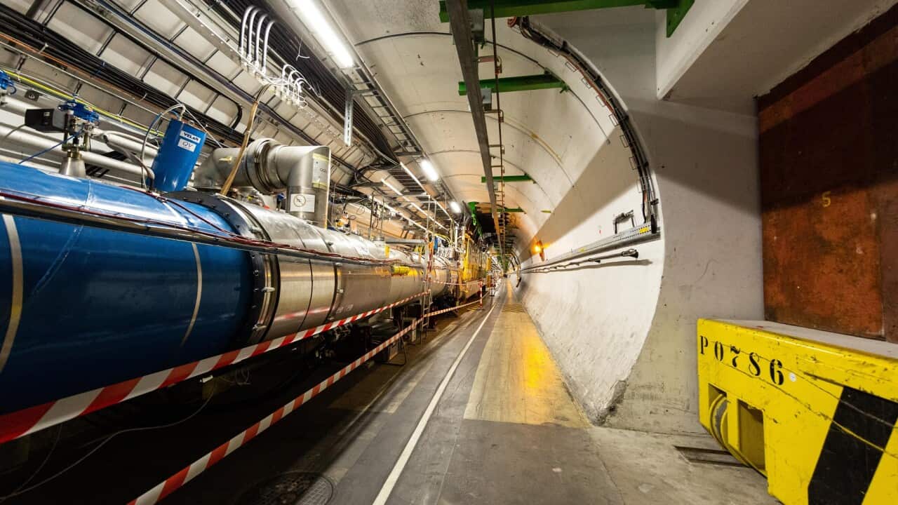 Part of the Large Hadron Collider tunnel at the CERN particle physics research facility in Meyrin, Switzerland.