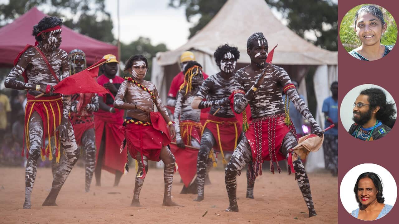 Dancers are seen during the evening ceremonial Bungul at the Garma Festival in northeast Arnhem Land, Northern Territory, Sunday, July 31, 2022. The push to get an Indigenous voice in federal parliament is expected to be a key theme at this weekend’s Garma Festival in northeast Arnhem Land. (AAP Image/Aaron Bunch) NO ARCHIVING; inset: Top: Indu Balachandran, Middle: Dr Iyngaranathan Selvaratnam; Bottom: Vishinthra Mahendran