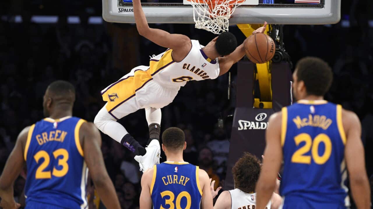 Los Angeles Lakers guard Jordan Clarkson nets a basket