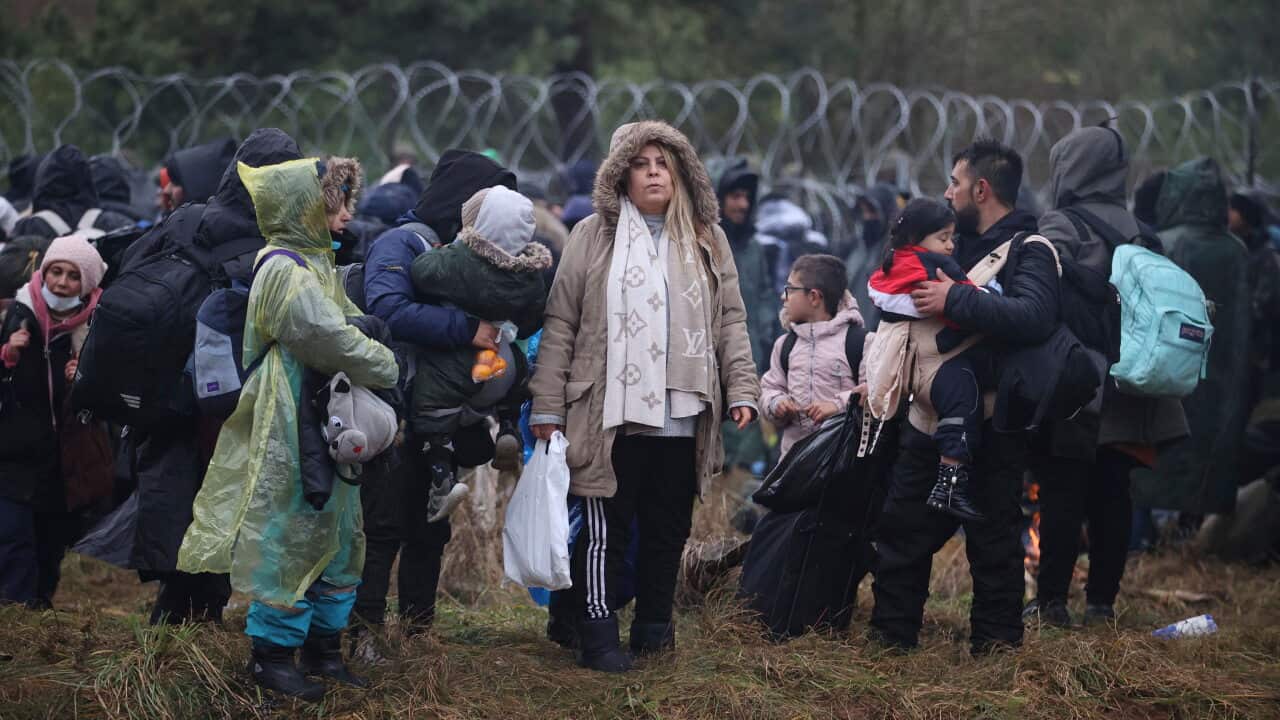 Migrants gather at the Belarus-Poland border near Grodno, Belarus, Monday, Nov. 8, 2021.