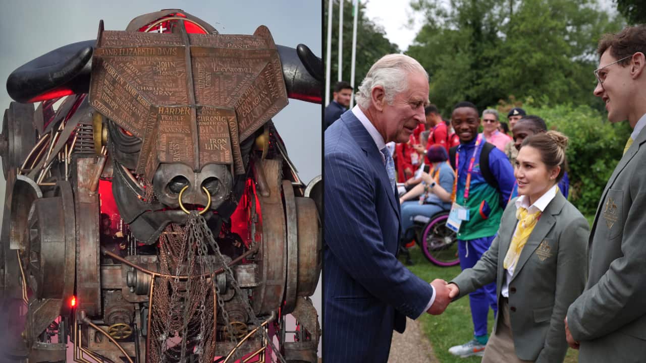 A split image shows a mechanical bull on one side, and Prince Charles the hand of an Australian sportswoman on the other.