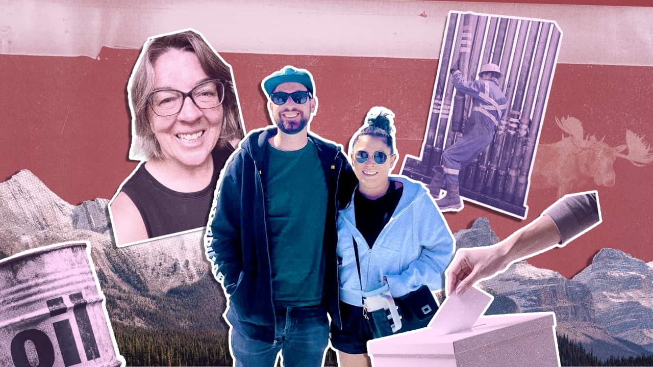 Cut out images of people against a red background with cut-outs of mountains, moose, oil, and a ballot box.