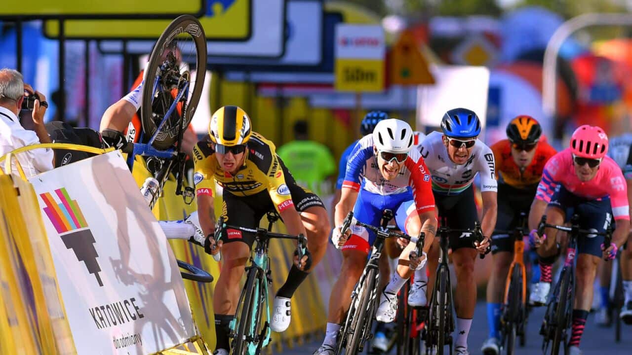 Dylan Groenewegen pushes Fabio Jakobsen into the barrier on Stage 1 of the Tour of Poland