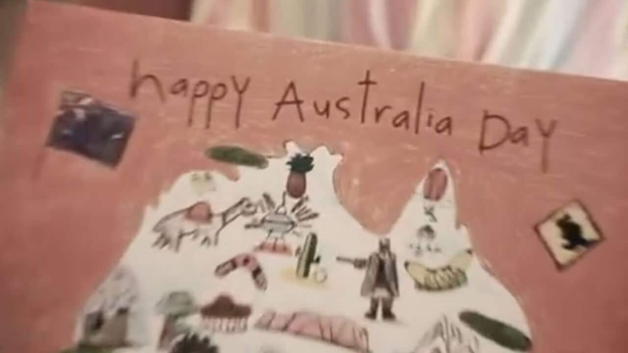 A little girl has made a 'Happy Australia Day' card in the advertisement.