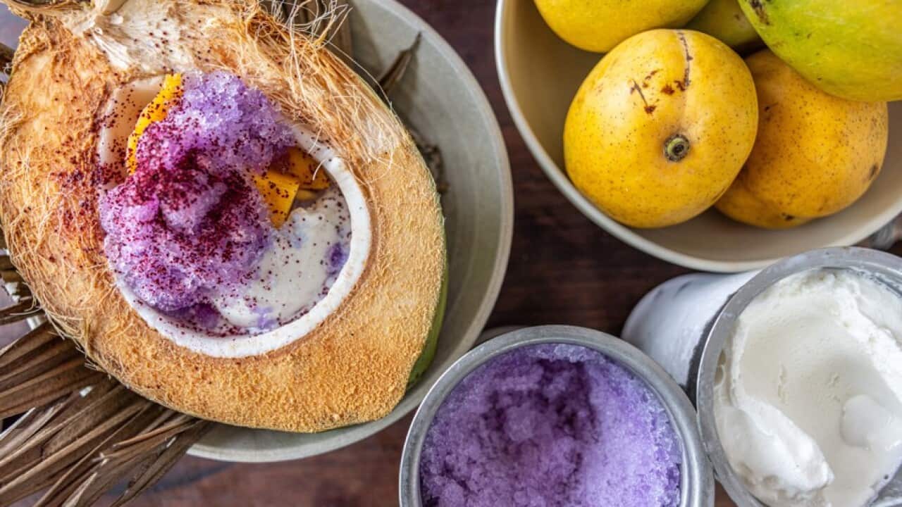 Mareeba mango, miso and honey cream, coconut sorbet, hibiscus and young coconut granita