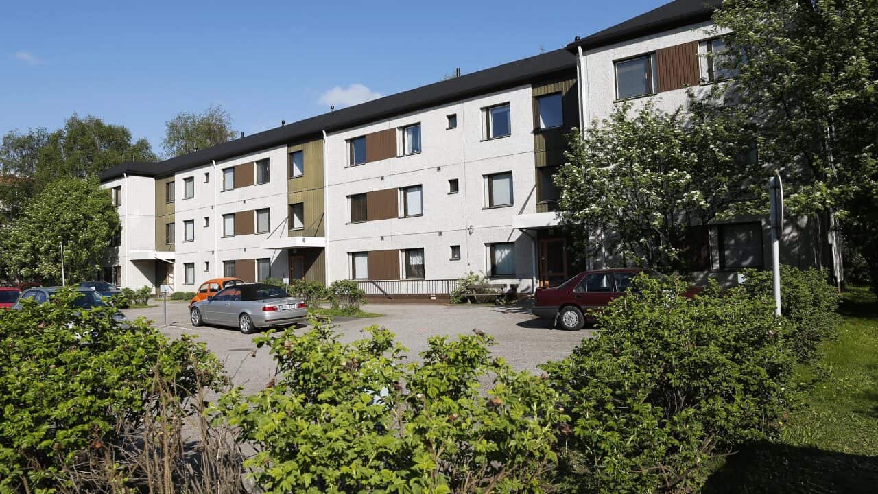 The apartment house where police found the bodies of five newborn or stillborn babies in the basement storage locker in Oulu, Finland, 04 June 2014. (AAP)