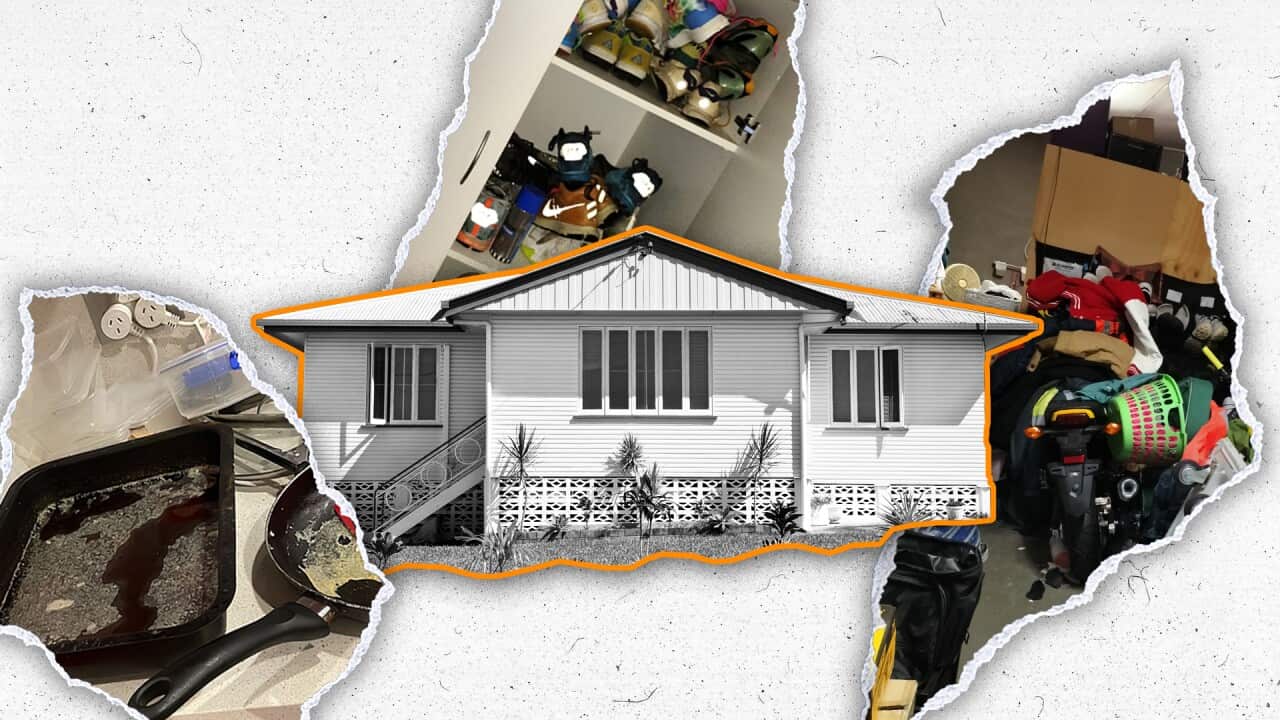 House surrounded by details of dirty share house, including dirty pans, piles of junk and shoes