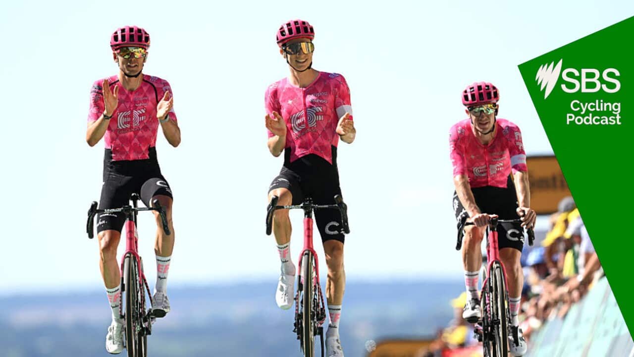 VIRE NORMANDIE, FRANCE - JULY 10: (L-R) Alex Baudin of France, Neilson Powless of The United States and Harry Sweeny of Australia and Team EF Education - EasyPost celebrate the victory of his teammate Ben Healy of Ireland and Team EF Education - EasyPost during the 112th Tour de France, Stage 6 a 201.5km stage from Bayeux to Vire Normandie / #UCIWT / on July 10, 2025 in Vire Normandie, France. (Photo by Dario Belingheri/Getty Images)