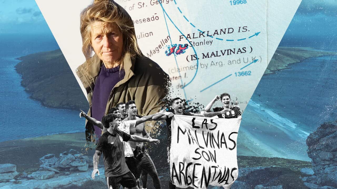 A composite image showing Sally Poncet, the Falkland Islands, and the Argentinian football team holding a banner reading "the Malvinas are Argentine."