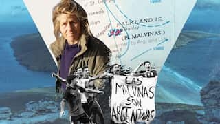 A composite image showing Sally Poncet, the Falkland Islands, and the Argentinian football team holding a banner reading "the Malvinas are Argentine."