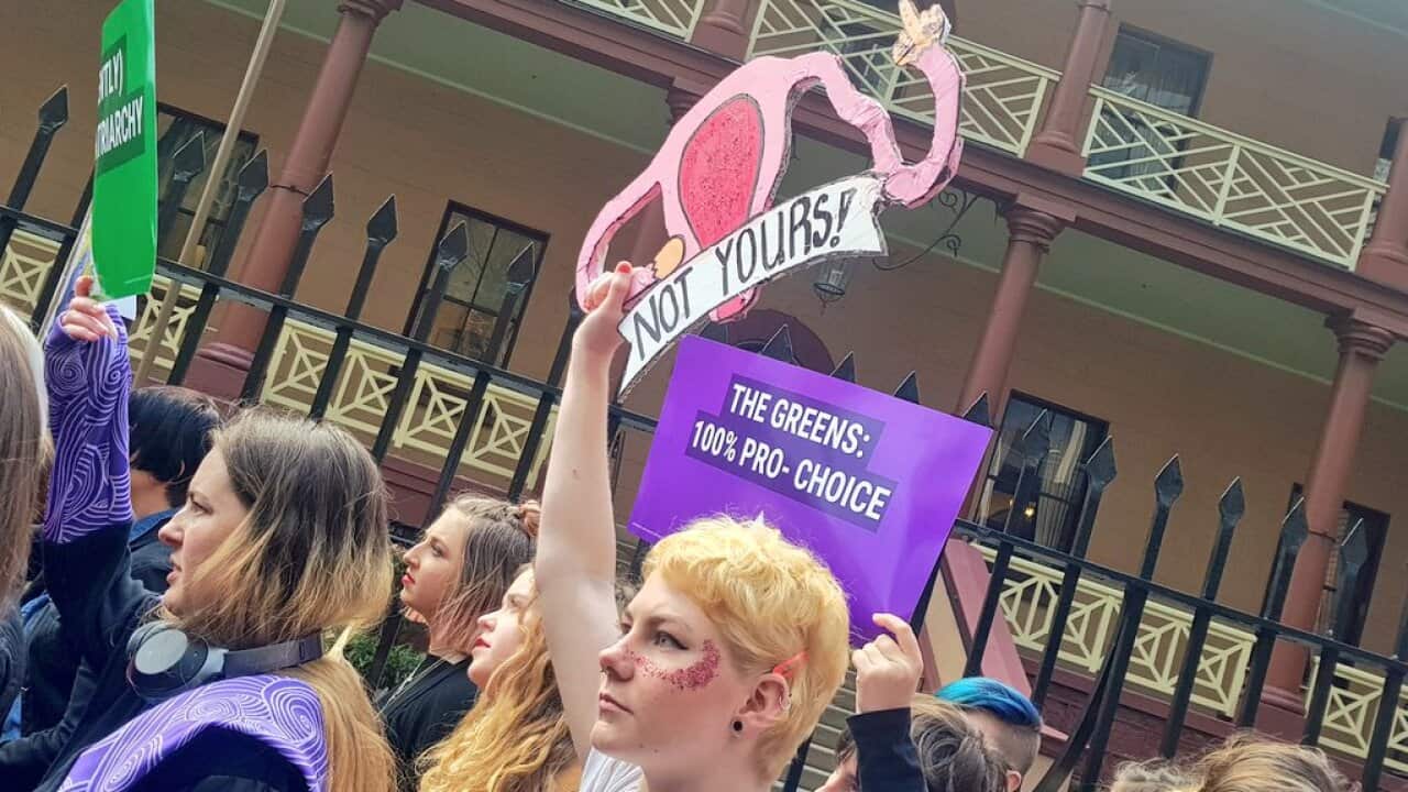 Pro-choice advocates wanting to decriminalise abortion, surround Parliament House with signs saying "It's time", "our bodies, our rights".