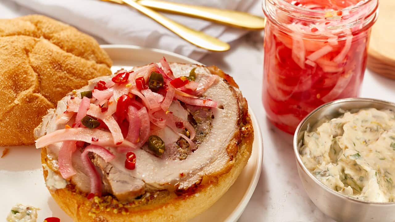 Porchetta sandwiches with caper mayo and picked fennel