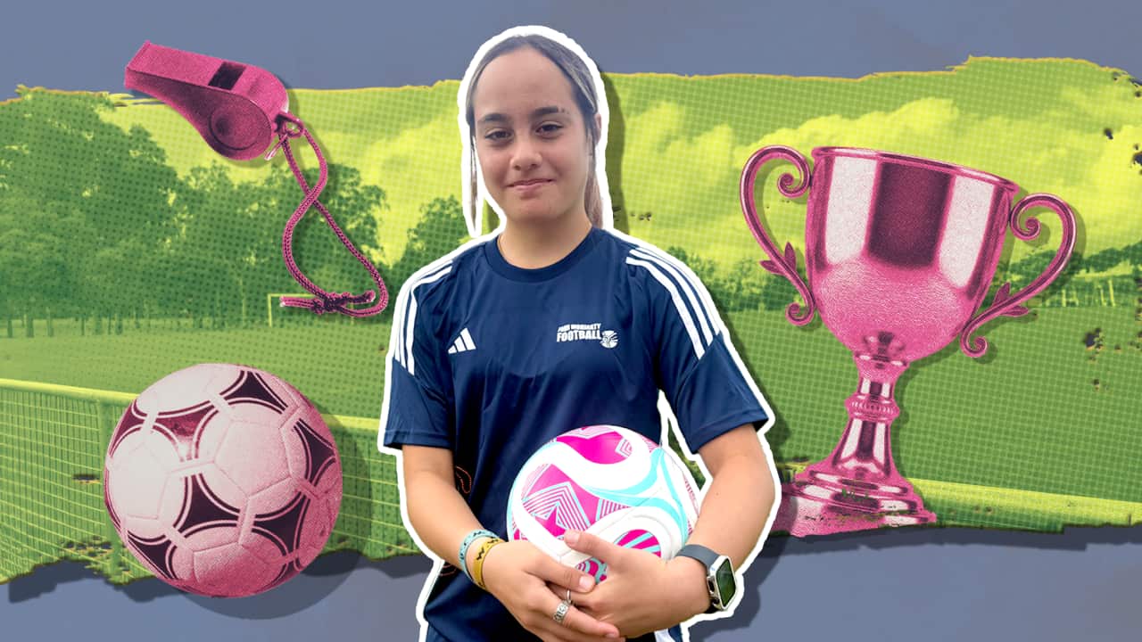 A composite image of a young woman holding a soccer ball, with another ball, trophy and whistle superimposed