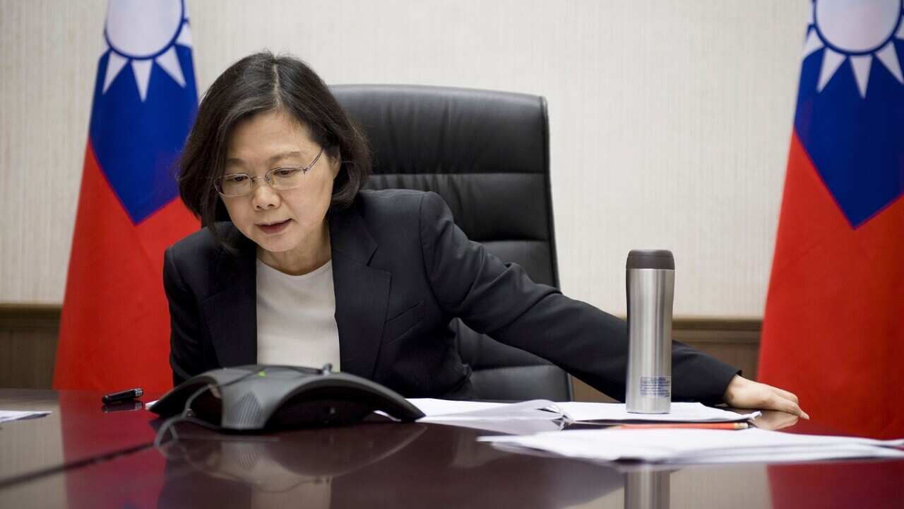 Taiwan's President Tsai Ing-wen speaks with U.S. President-elect Donald Trump through a speaker phone in Taipei, Taiwan.