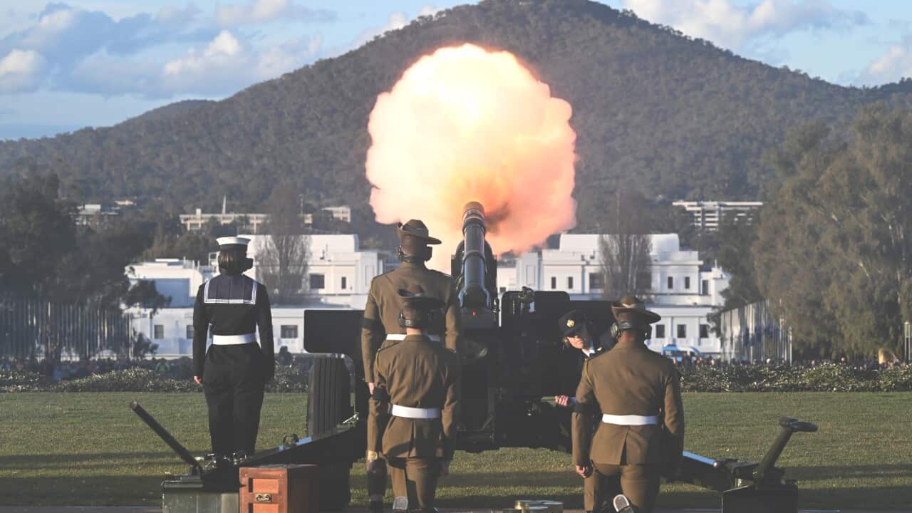 A 96-gun salute is fired near Parliament House in Canberra to honour Queen Elizabeth II.