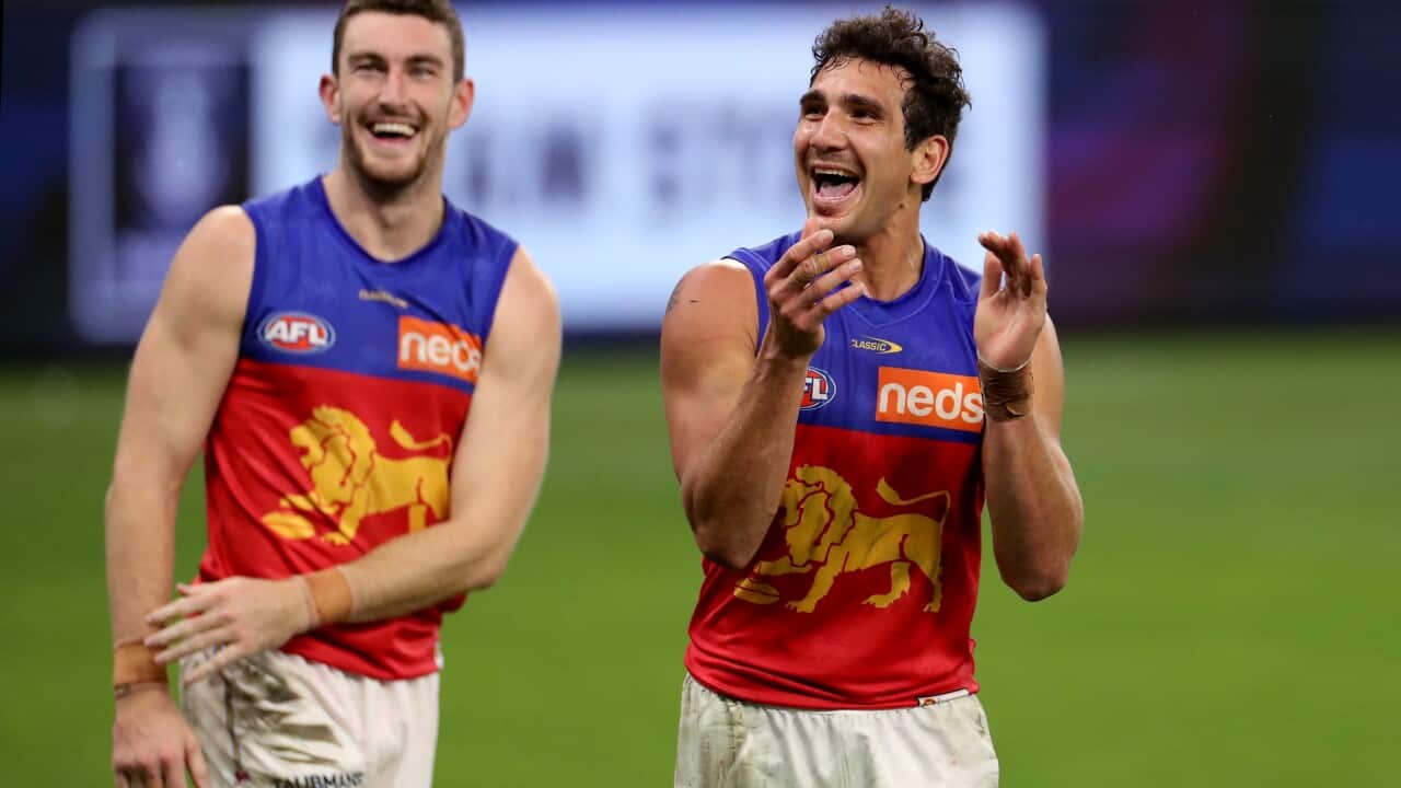 Nakia Cockatoo of the Lions celebrates after winning the Round 21 AFL match between the Fremantle Dockers and Brisbane Lions at Optus Stadium in Perth, Sunday, August 8, 2021. (AAP Image/Richard Wainwright) NO ARCHIVING, EDITORIAL USE ONLY