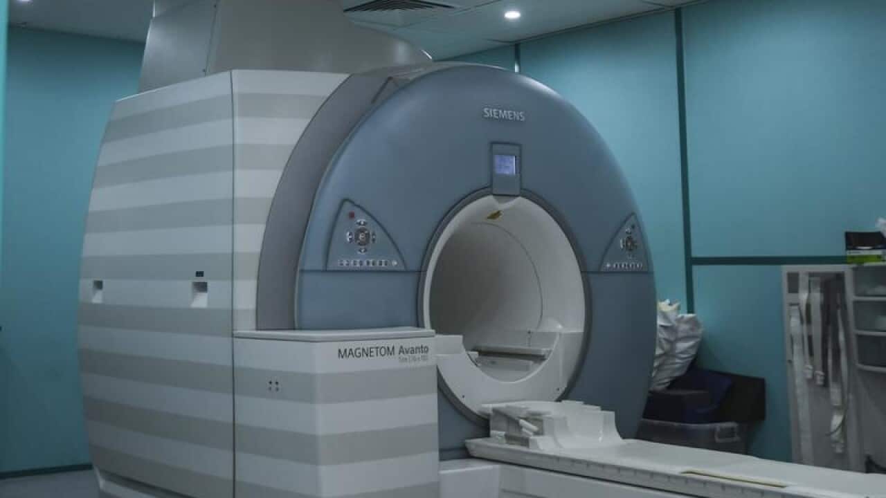 A view of a Magnetic Resonance Imaging (MRI) scanner.